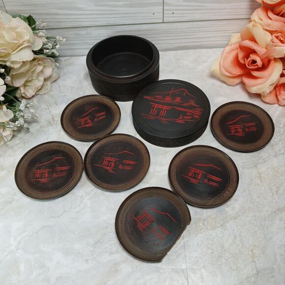 Vintage '60s MCM Japanese Carved Wood Coaster Set w/Matching Box *1 is Chipped* - Picture 2 of 8